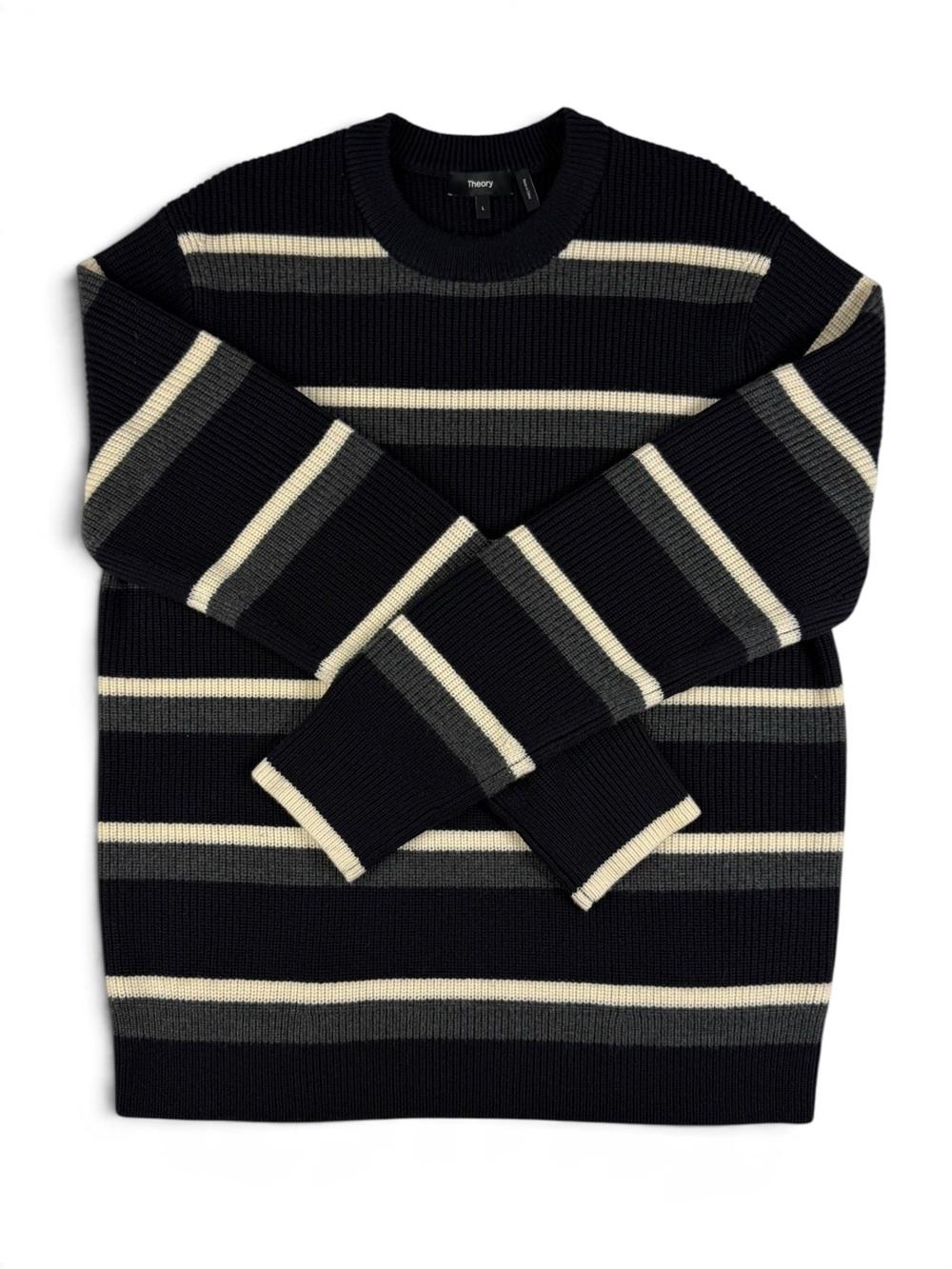 Theory Gary Crew 99% Merino Wool Striped Ribbed Sweater Men's L NWOT